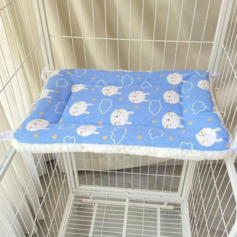 Tie-On Cat Cage Platform Pad - Rabbit pattern on Blue background (30x50cm)