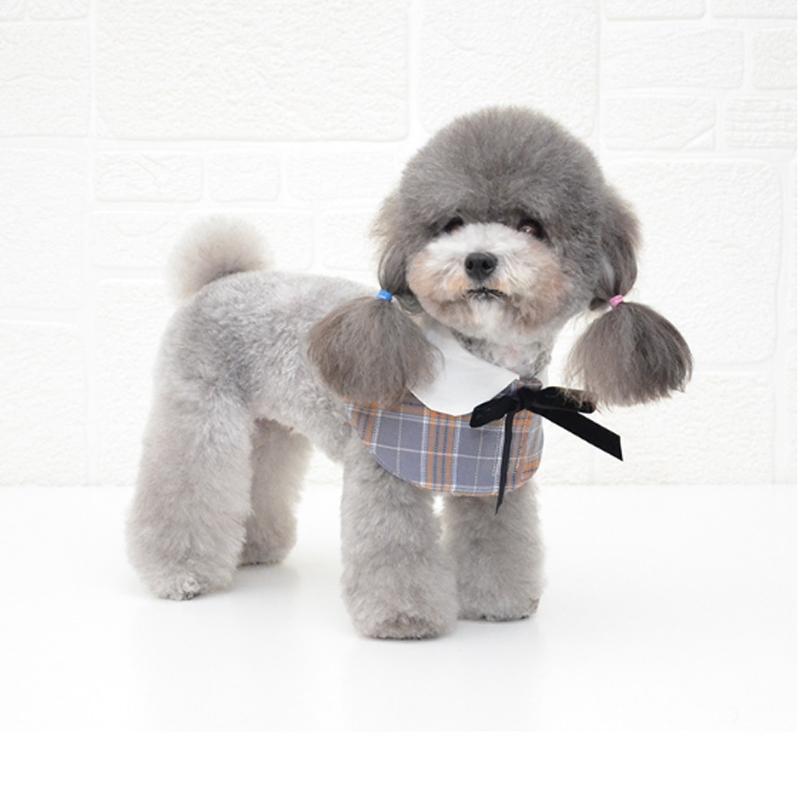 Dog Shawl Small Cloak Pet Bow Ttie Saliva Towel Pet Accessories - Size L - Gray Yellow Grid