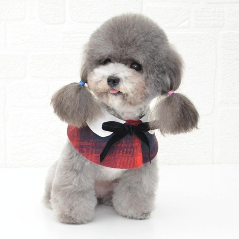 Dog Shawl Small Cloak Pet Bow Ttie Saliva Towel Pet Accessories - Size L - Gray Yellow Grid