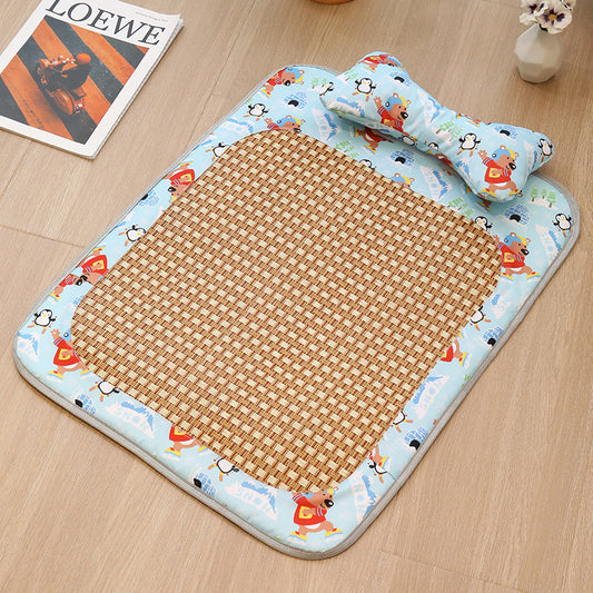 Size S Style 4 Blue And Brown Pet Cooling Mat for Dogs and Cats - Summer Breathable Woven Rattan Bed with Sponge Cushion, Durable and Chew-Resistant
