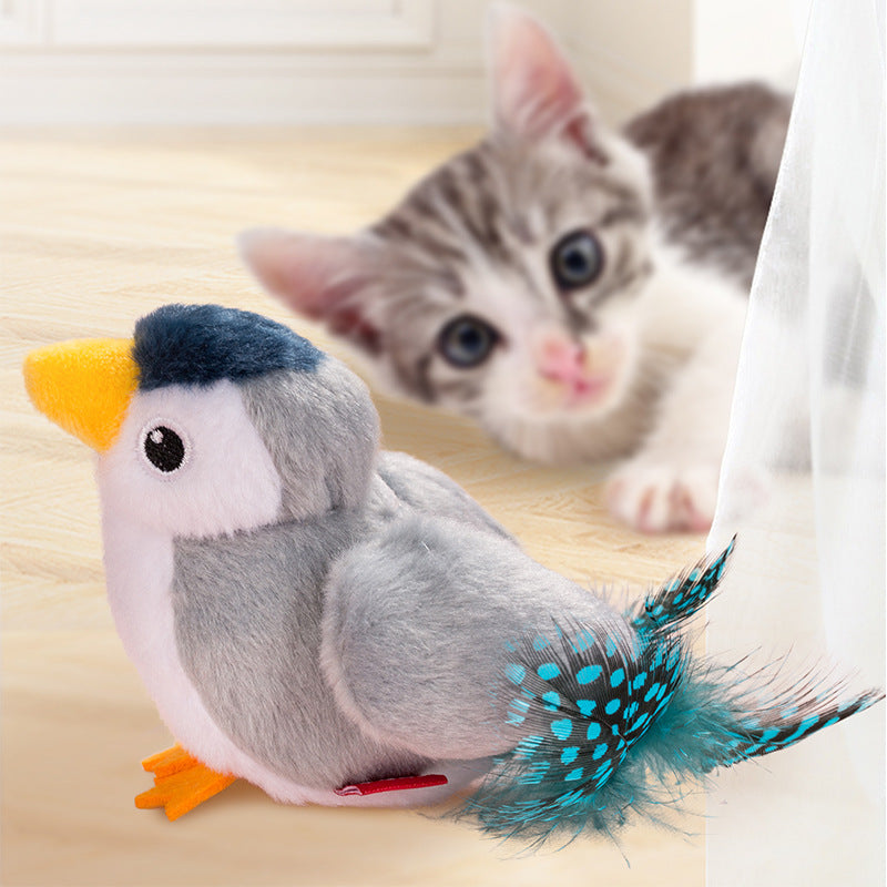 Interactive Plush Cat Toy - Lifelike Bird with Chirping Sounds and Feathers,Light white
