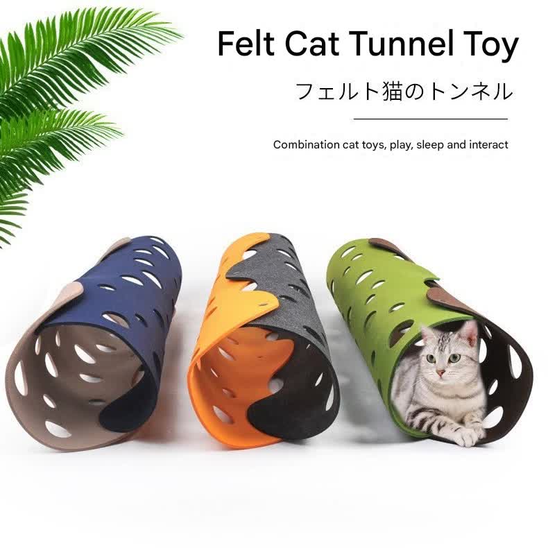 DIY Felt Cat Tunnel - Foldable Egg Roll-Shaped Pet Toy with Multiple Holes(Brown+Yellow)