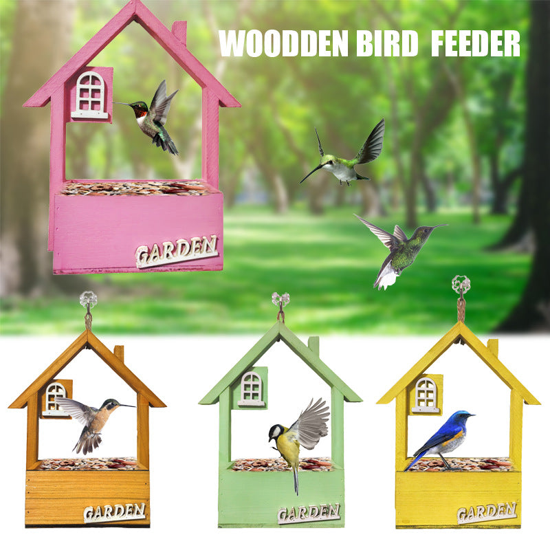 Yellow Charming Wooden House Hanging Bird Feeder - Attract Wild Birds to Your Garden